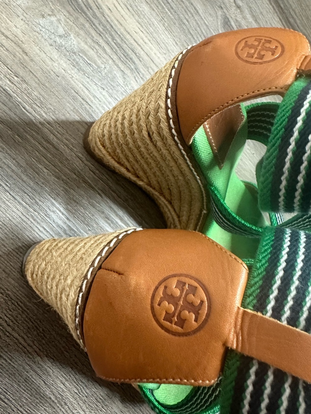 Tory Burch Green Sandal Wedges Frieda Striped Espadrille Size 8 Preppy Resort - Picture 3 of 8